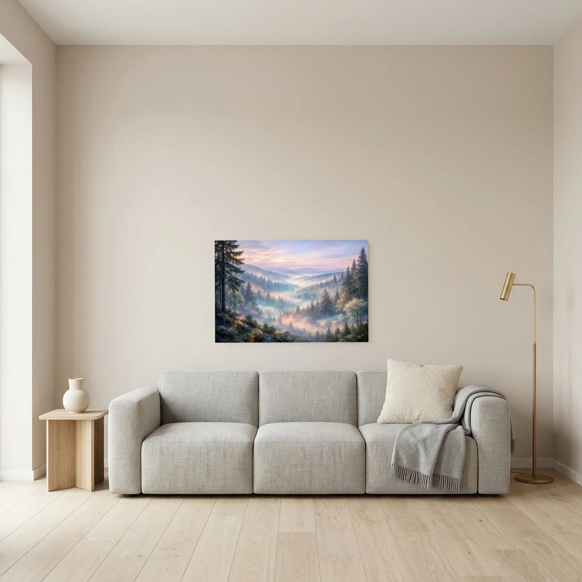 Kleines Wandposter im Querformat mit Berglandschaft im Nebeltal und Nadelwald