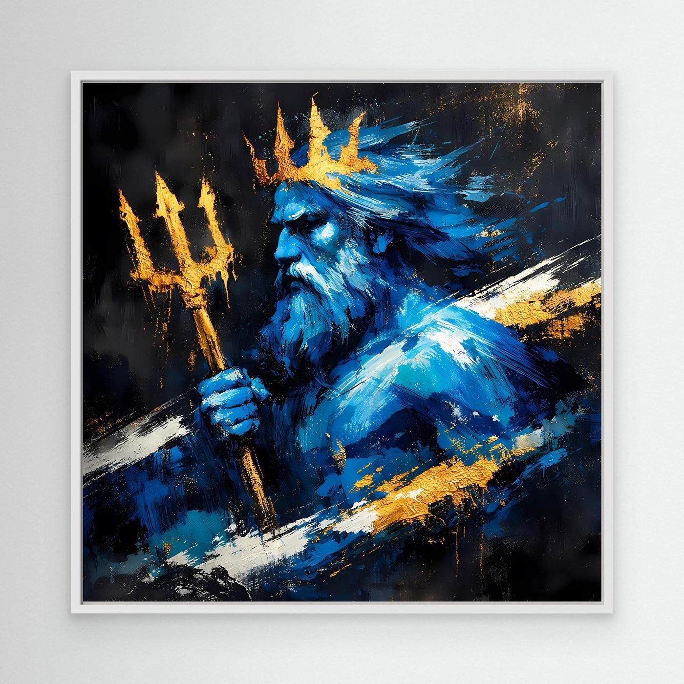Leinwand Poseidon Gott des Meeres | Abstraktes Mythologie Wandbild Blau Gold