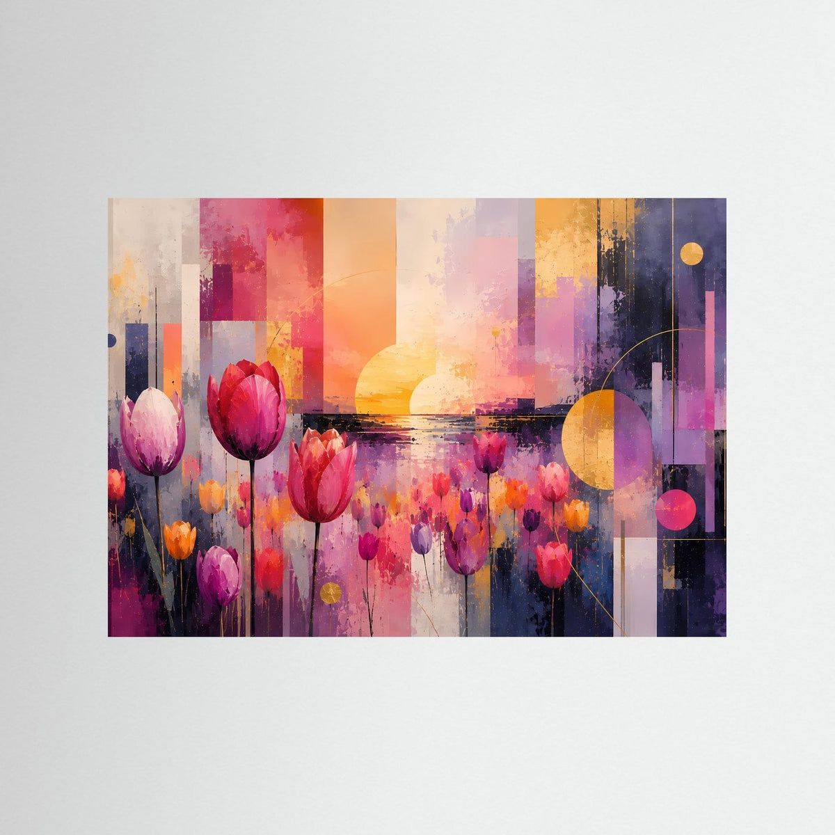Abstraktes Tulpenfeld-Poster (Querformat) mit buntem Farbverlauf und Tulpen in Pink und Violett
