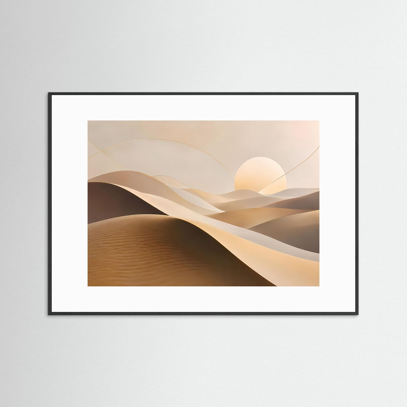 Querformat-Poster im schwarzen Rahmen mit Wüstenlandschaft: Beige Sanddünen und Sonne.