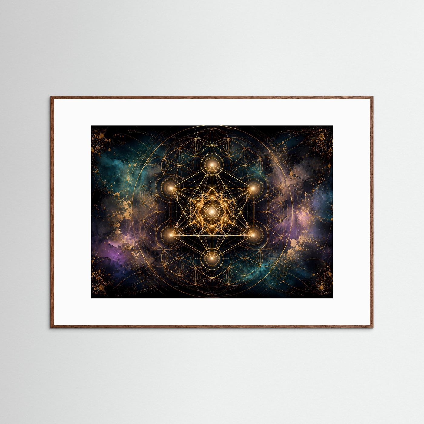 Heilige Geometrie Poster | Goldene Sacred Geometry mit Metatrons Würfel | Spirituelle Wandkunst | Kosmisches Mandala | Premium Leinwand & Wall Art