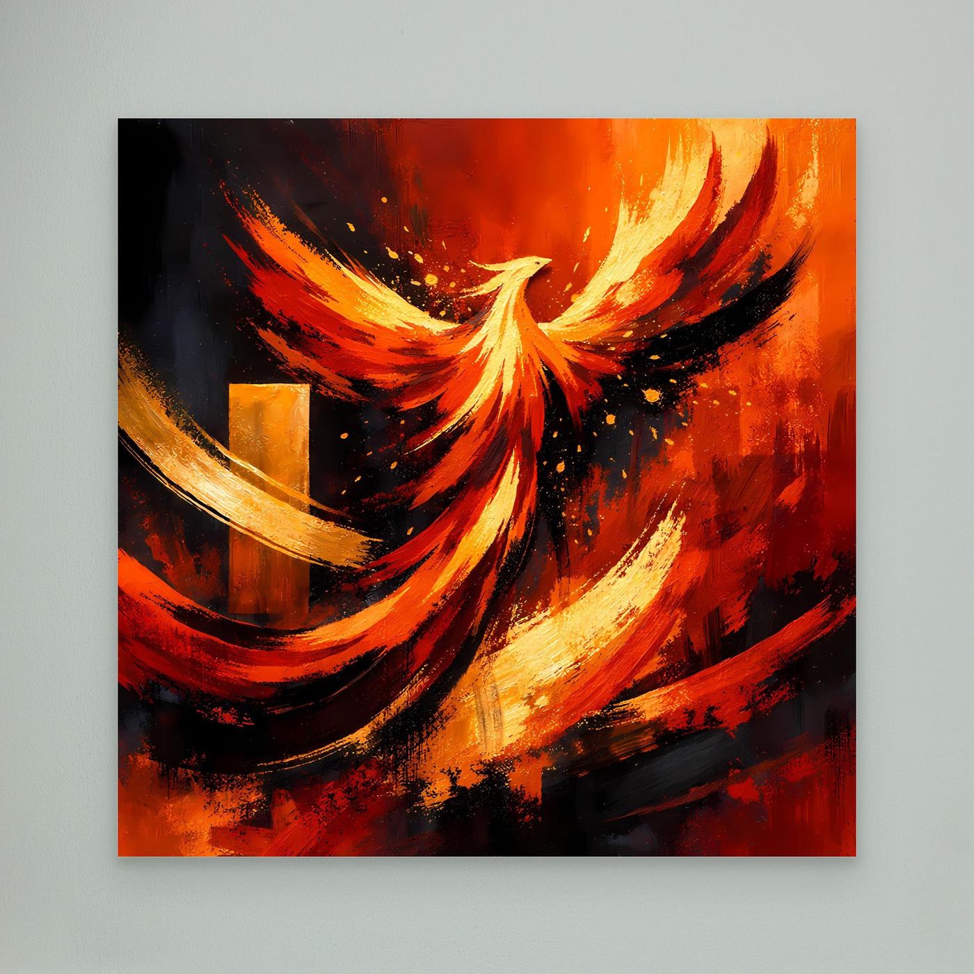 Wandbild auf Leinwand: Phönix in Flammen, gelb-orange Flügel über roten Strichen