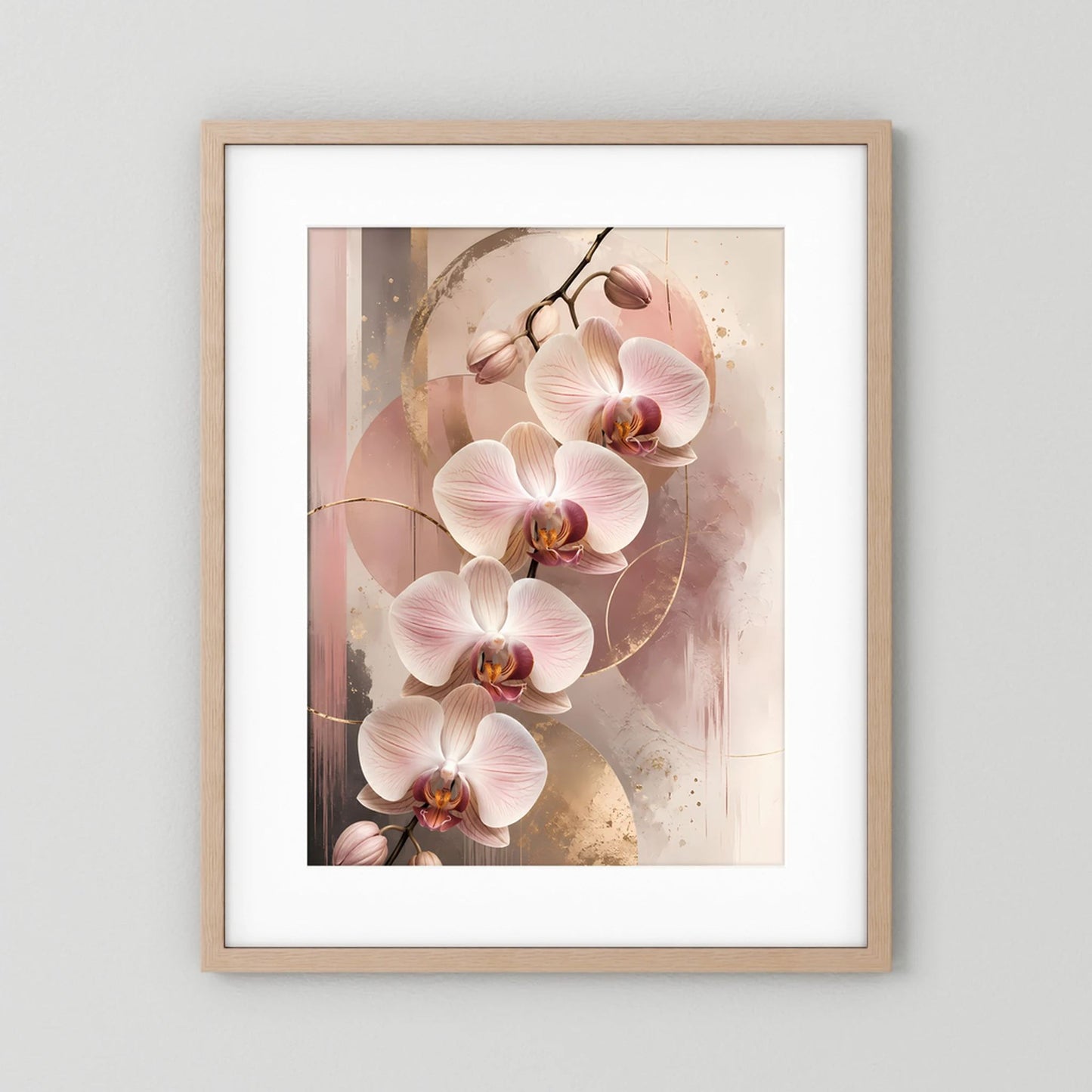 Gerahmtes Orchideen-Poster mit roséfarbenen Blüten und Goldakzenten