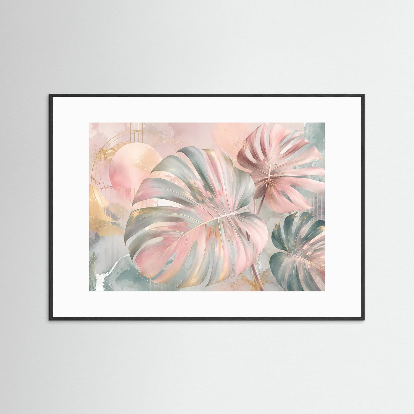 Monstera Blätter Poster Querformat | Tropische Wandkunst Pastell Rosa Gold | Moderne Botanische Kunst