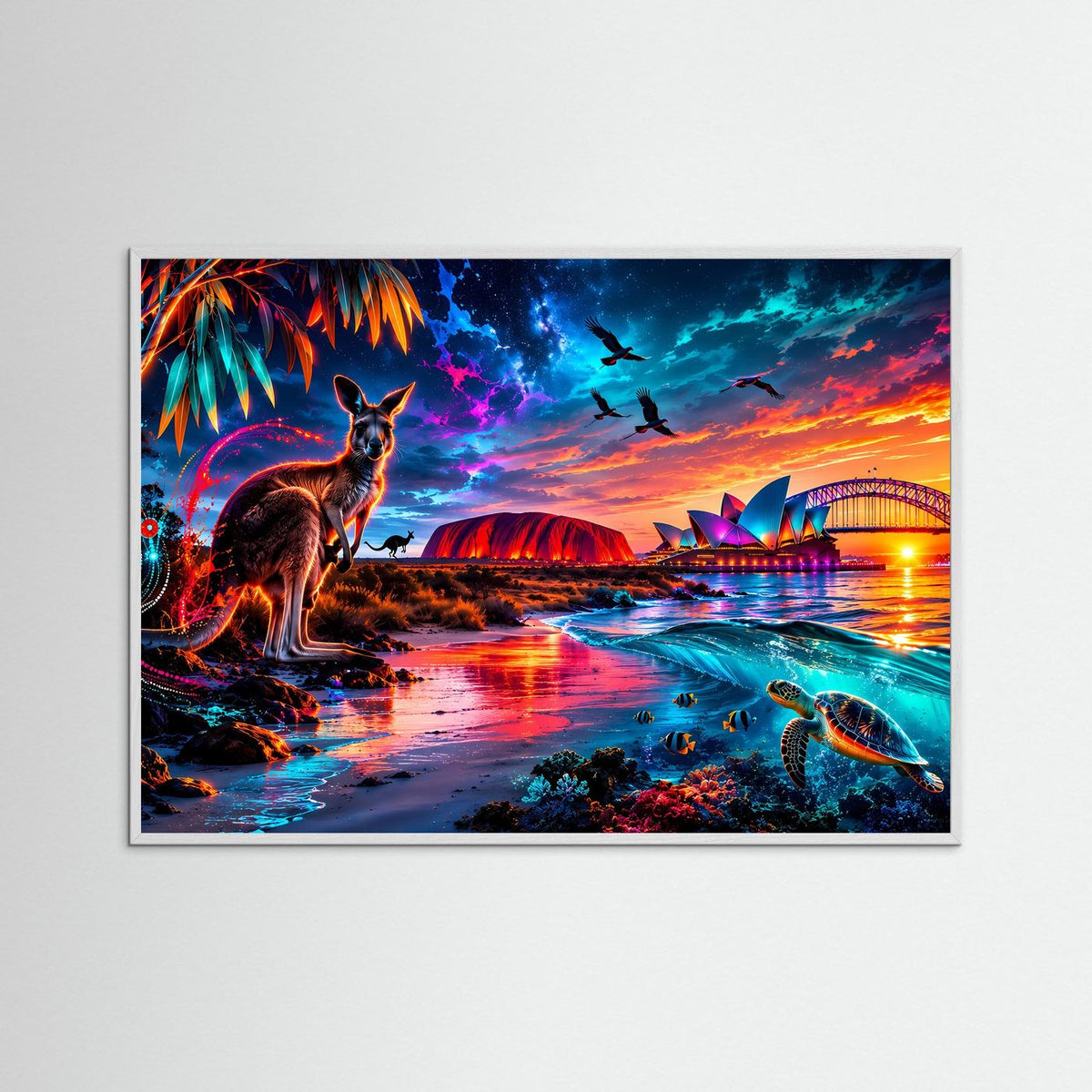 Wandbild mit Känguru und Meeresschildkröte, Küstenlandschaft mit reflektierendem Wasser und Möwen.