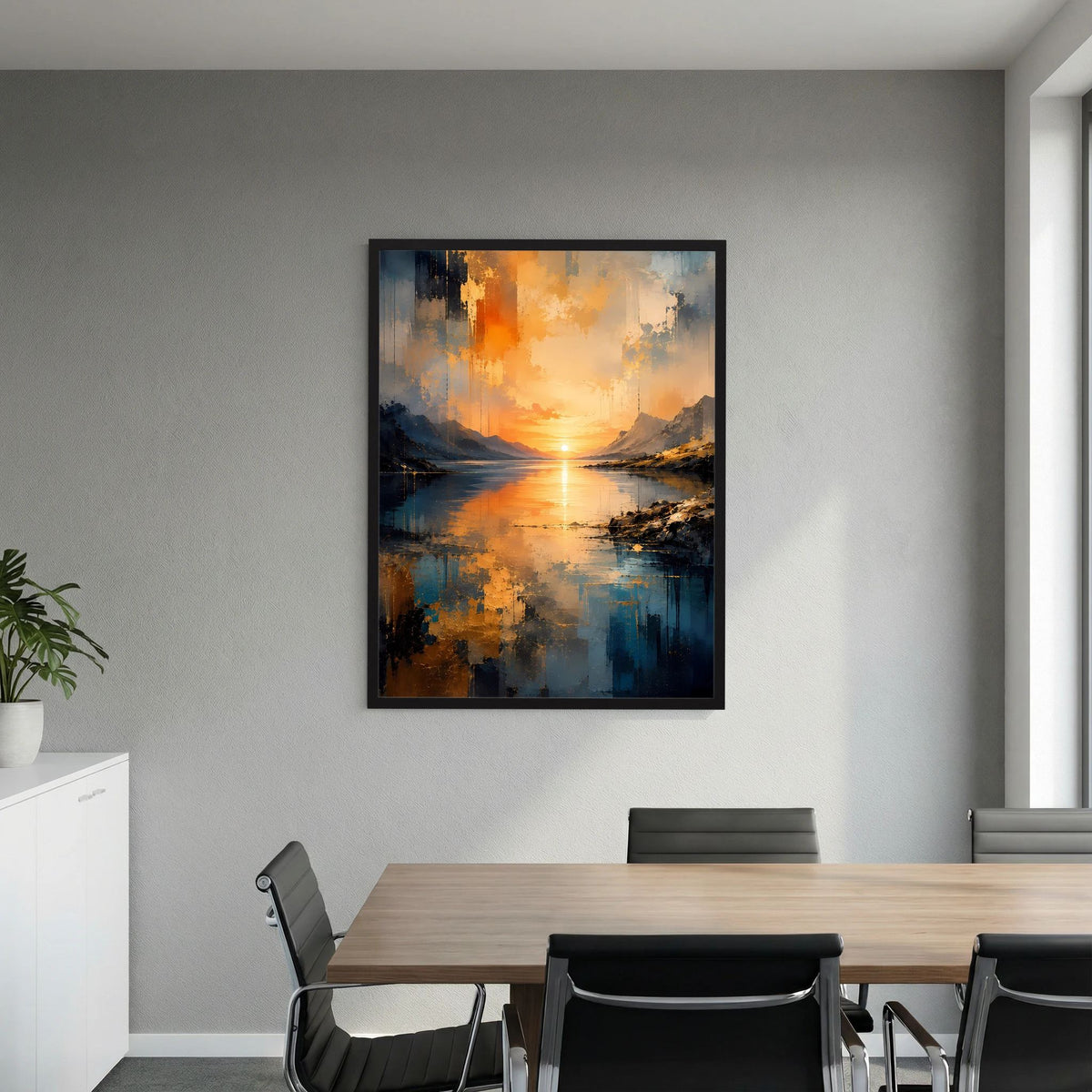 Wandposter mit abstrakter Berglandschaft am See, orange Sonnenuntergang und blaue Reflexionen, schwarz gerahmt