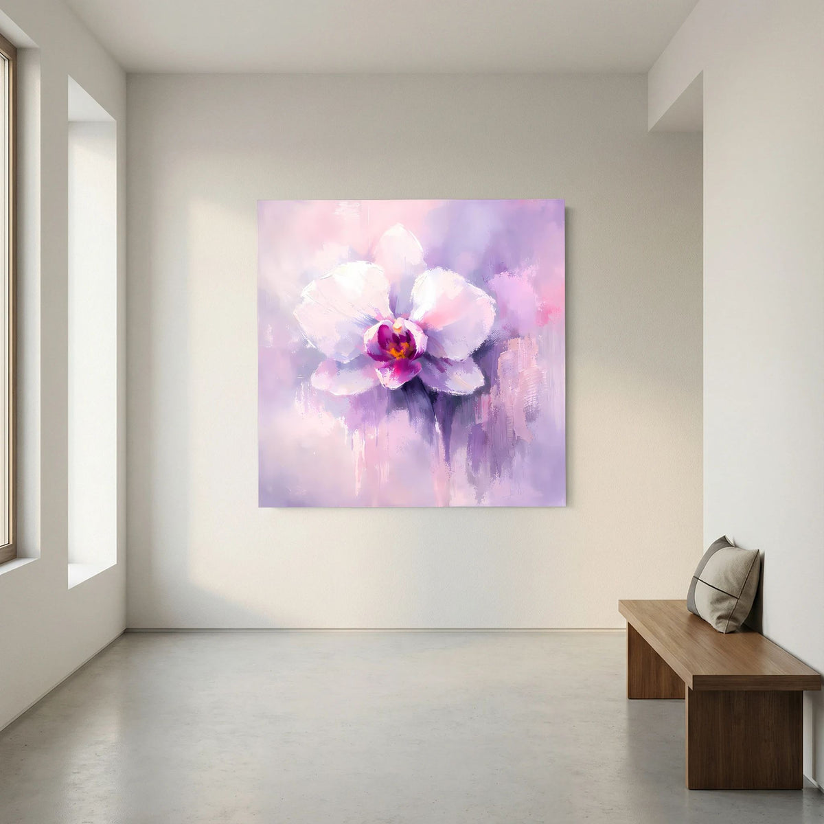 Leinwand-Wandbild mit abstrakter Orchideenblüte in Pastellfarben, quadratisch