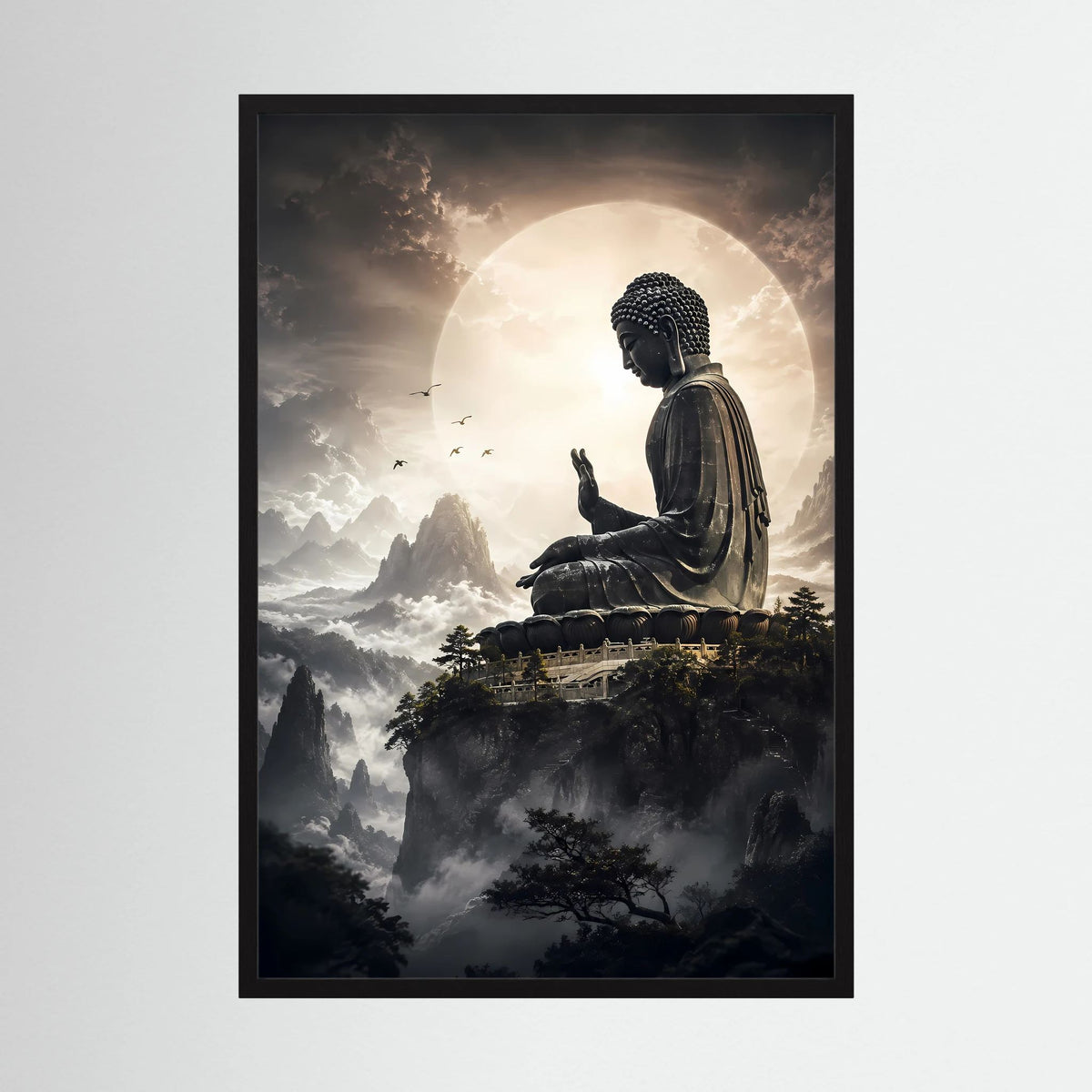 Poster: sitzender Buddha über Wolken, goldener Mond, dunkle Berge, schwarzer Rahmen (Hochformat)