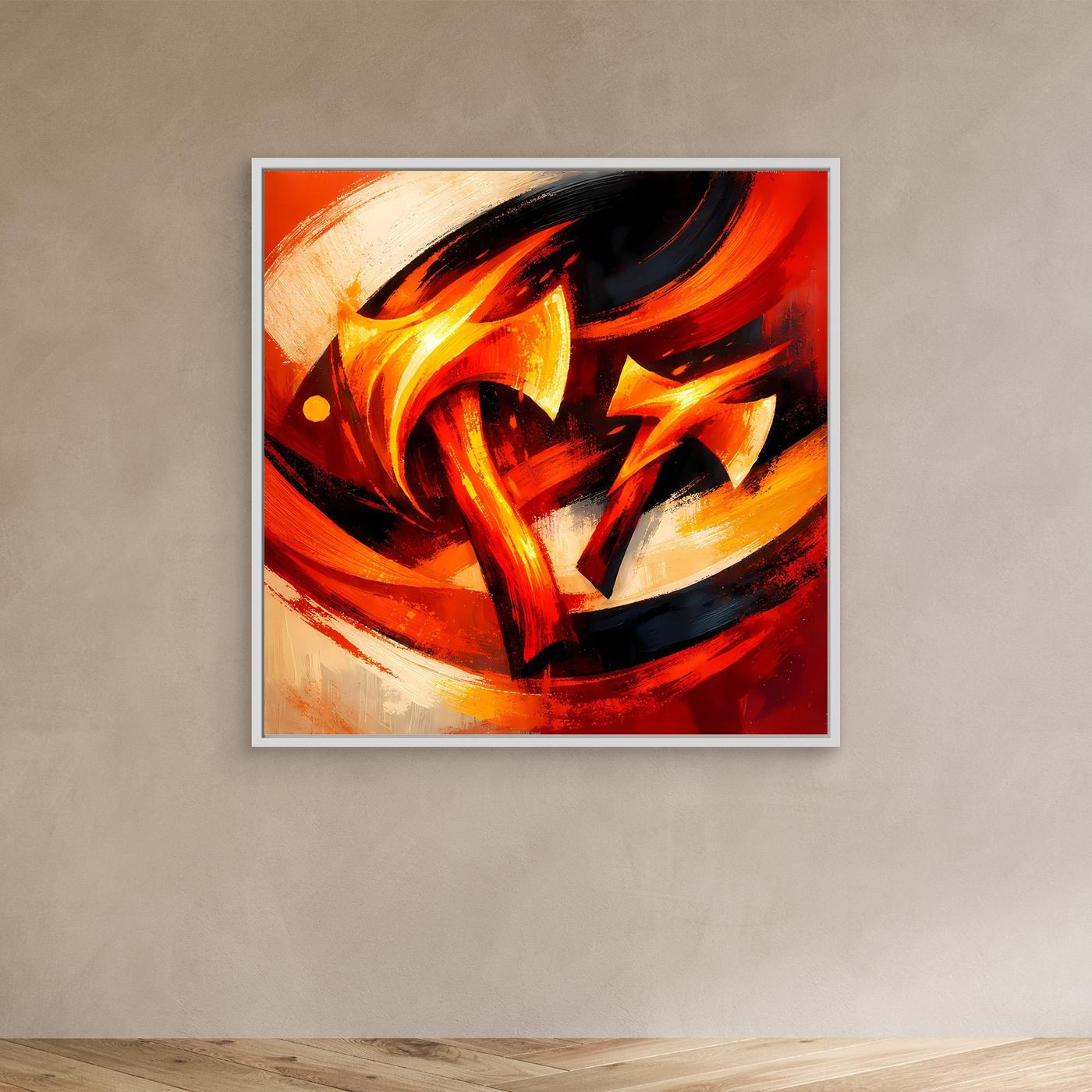 Abstraktes Leinwandbild mit gelb-orange Axt und Flammen, schwarz-rote Pinselstriche, weißer Rahmen