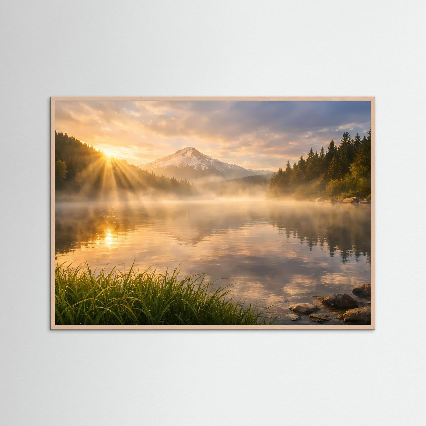Wandposter mit Landschaftsmotiv: See, Berge und Sonnenaufgang, hellgrauer Rahmen