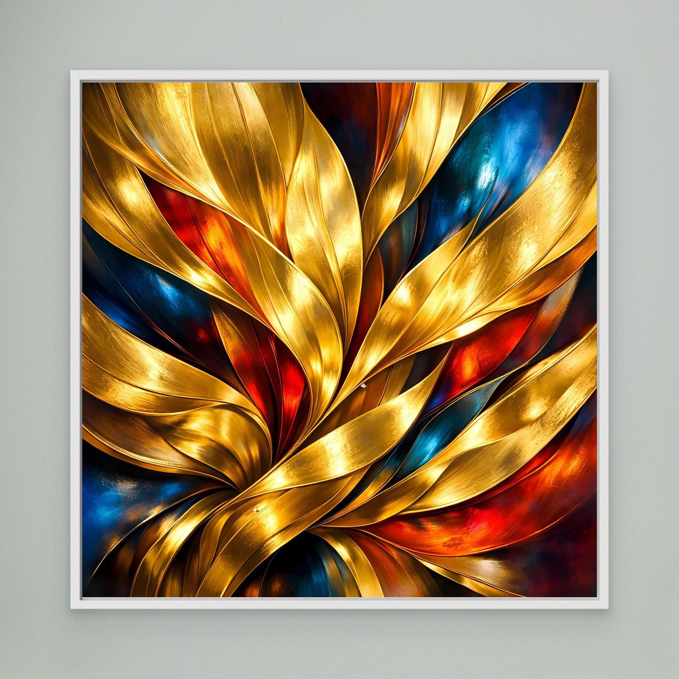 Leinwandbild mit abstrakten Goldwellen, blau und rot, weißer Rahmen