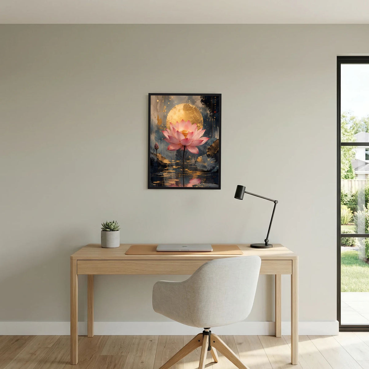 Kunstposter mit rosa Lotusblüte im Vordergrund, goldener Kreiszone und dunklem Rand