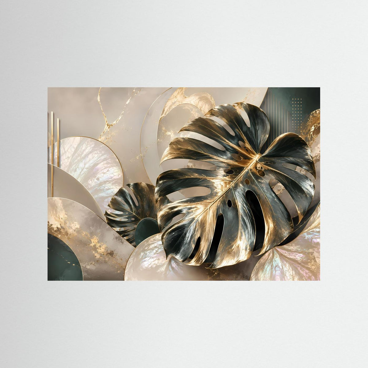 Querformat-Poster mit goldenen und cremefarbenen Monstera-Blättern, abstrakt
