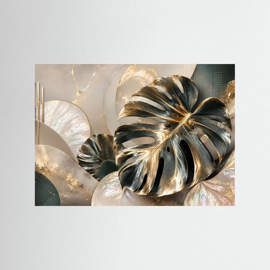 Querformat-Poster mit goldenen und cremefarbenen Monstera-Blättern, abstrakt