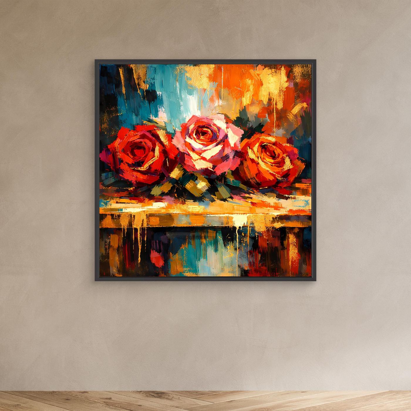 Abstraktes Rosen-Leinwandbild mit bunten Pinselstrichen, schwarzer Rahmen