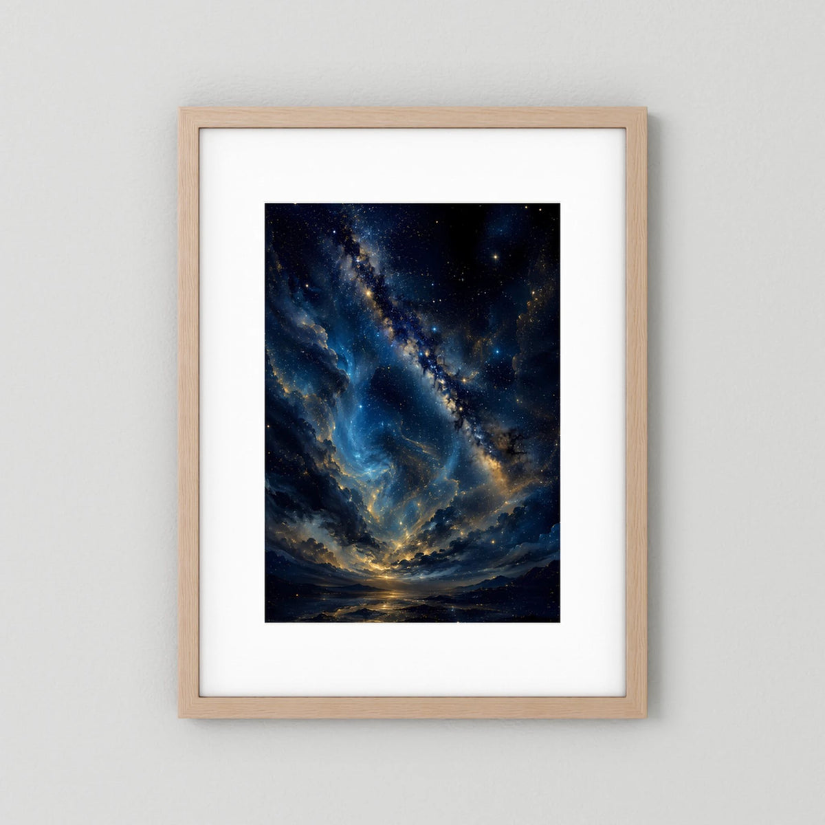 Sternenhimmel in Blau & Gold | Mystische Galaxie über Landschaft | Poster Hochformat