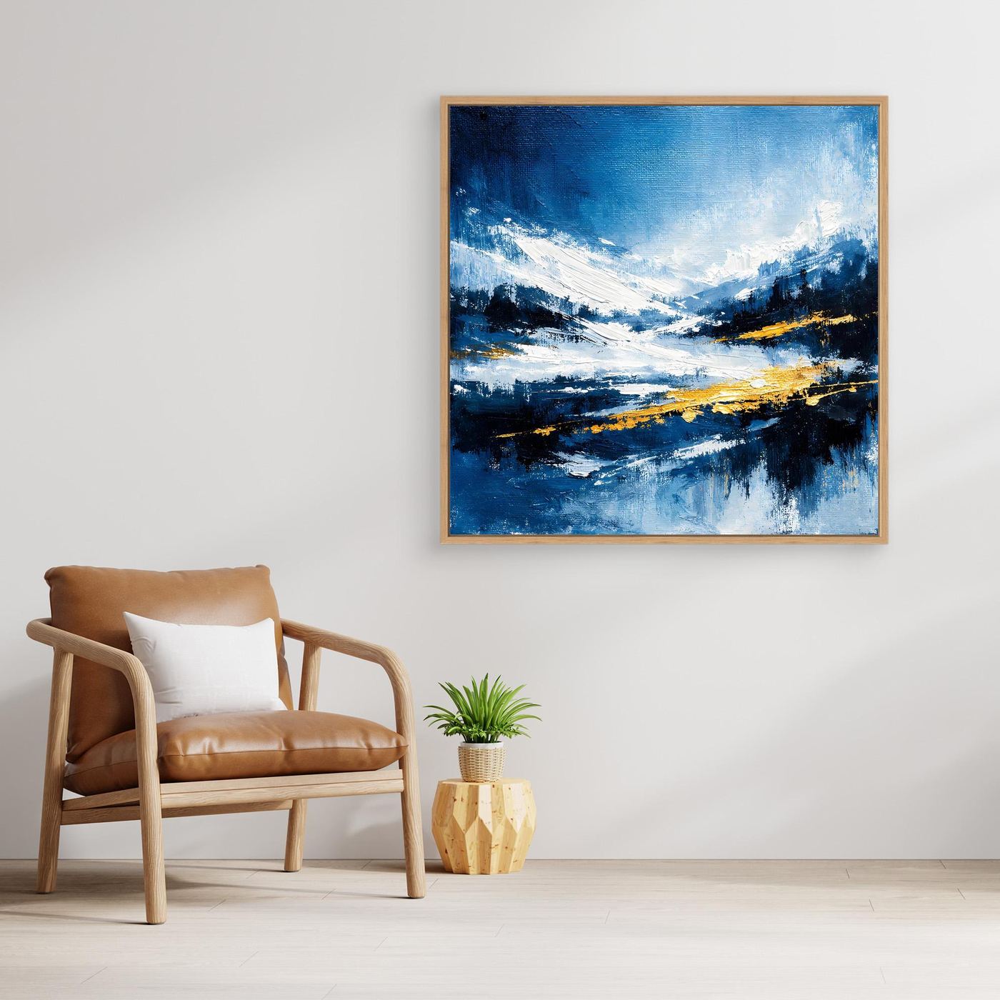 Leinwand Abstraktes Wintergemälde in Blau und Gold | Modernes Schnee & Berge Wandbild