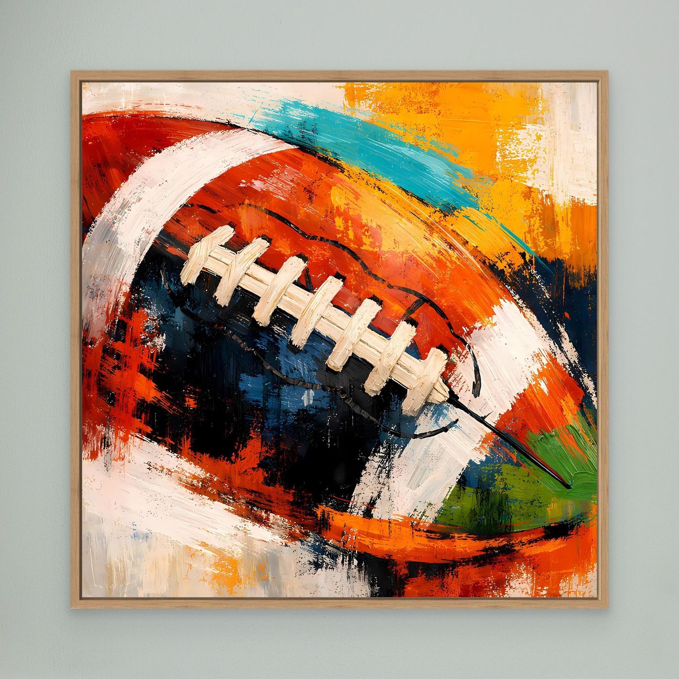 Leinwandbild mit abstraktem Football-Motiv in Rot, Blau und Orange, mit Eichenrahmen