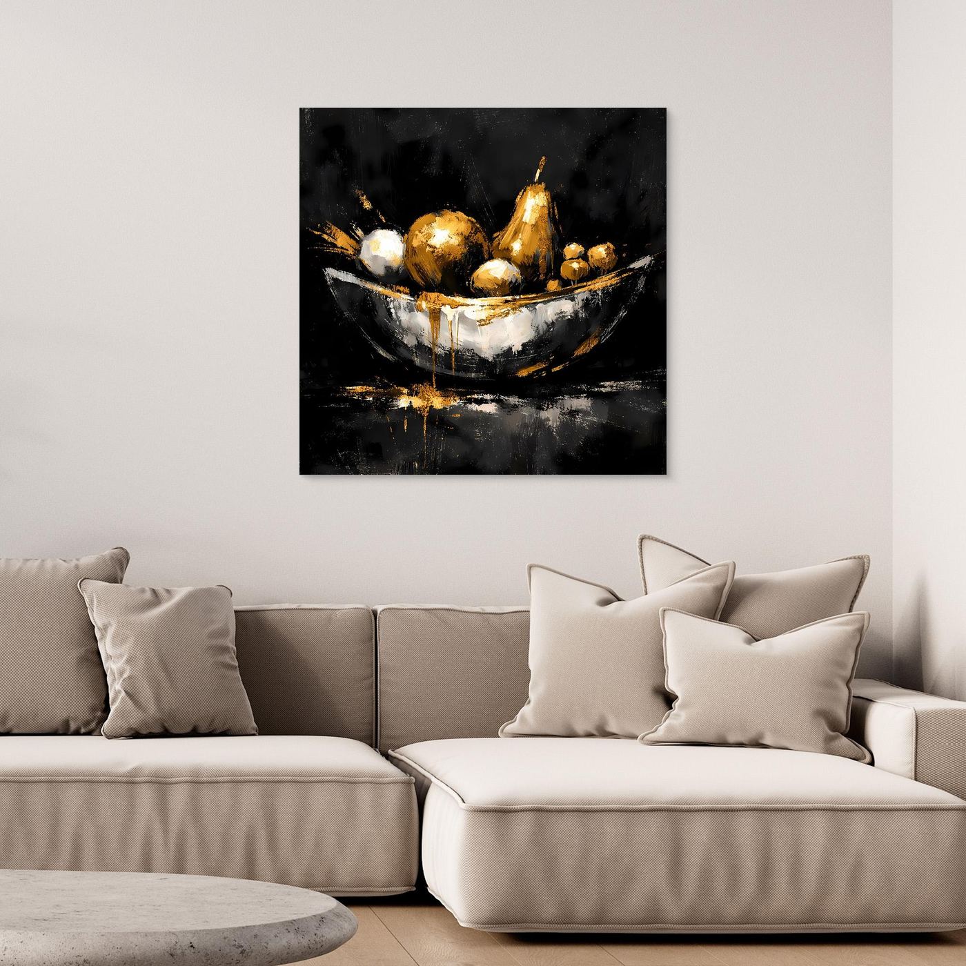 Leinwand Elegante Obstschale in Gold und Silber | Modernes Luxus Stillleben Wandbild