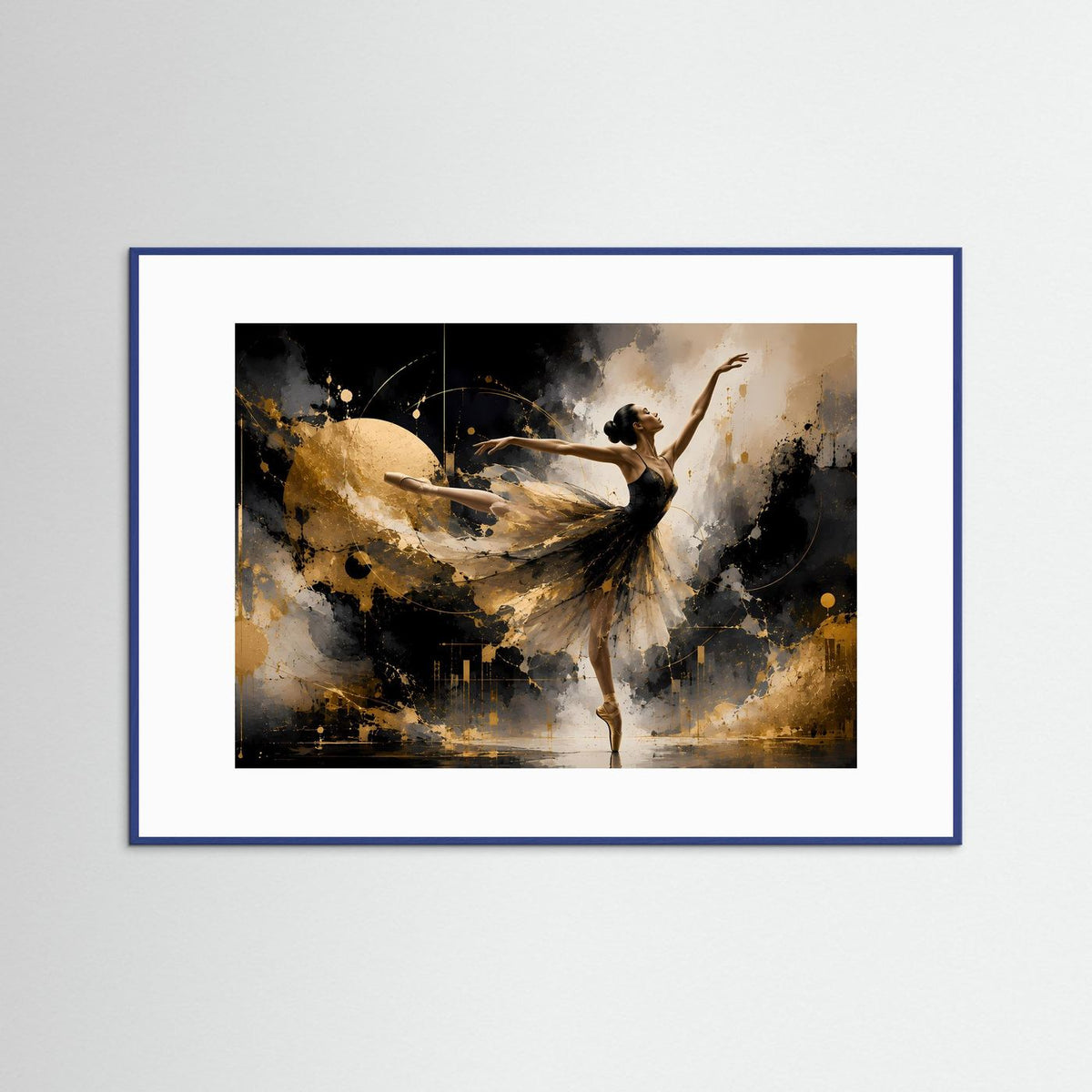 Ballett-Wandbild mit abstrakter Tänzerin in Schwarz und Gold, goldene Farbwirbel, Querformat