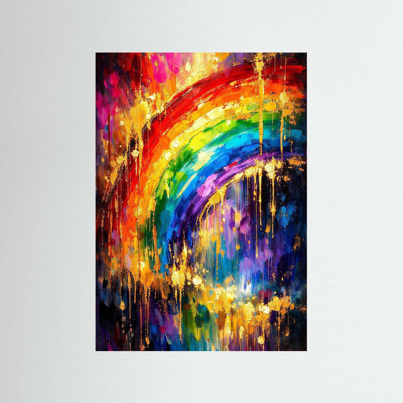 Abstraktes Regenbogenkunstposter ohne Rahmen, leuchtende Farben und goldene Akzente