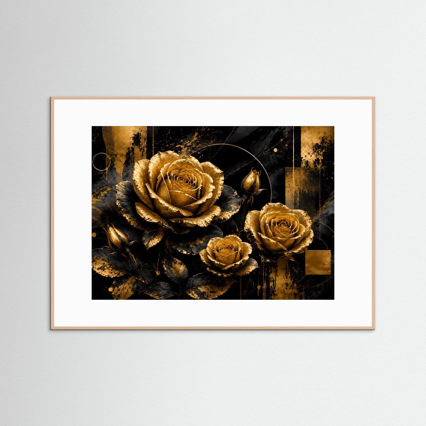 Querformat-Poster mit goldenen Rosen auf dunklem Hintergrund, hell gerahmt