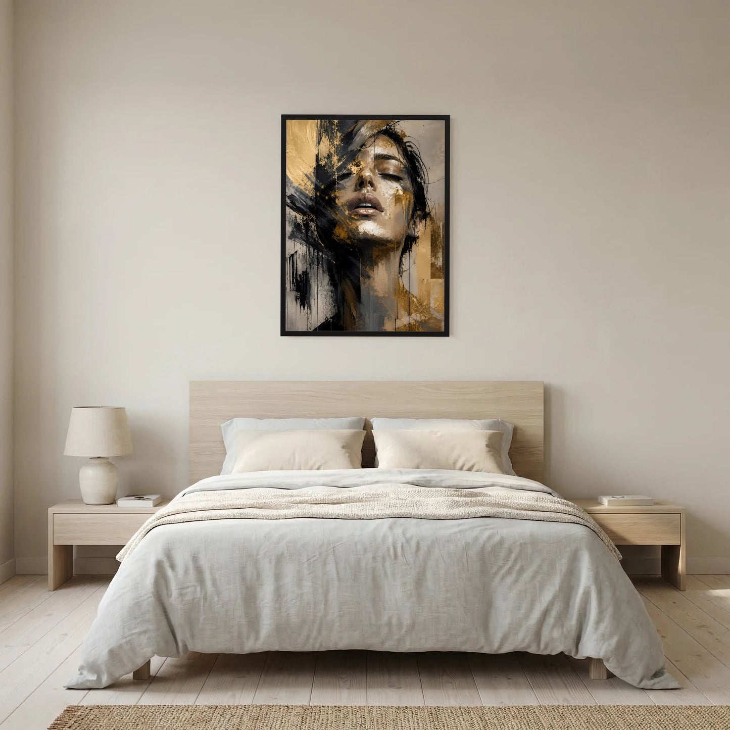 Gerahmtes Poster mit abstraktem Frauenporträt in Gold und Schwarz, Hochformat, schwarze Umrandung