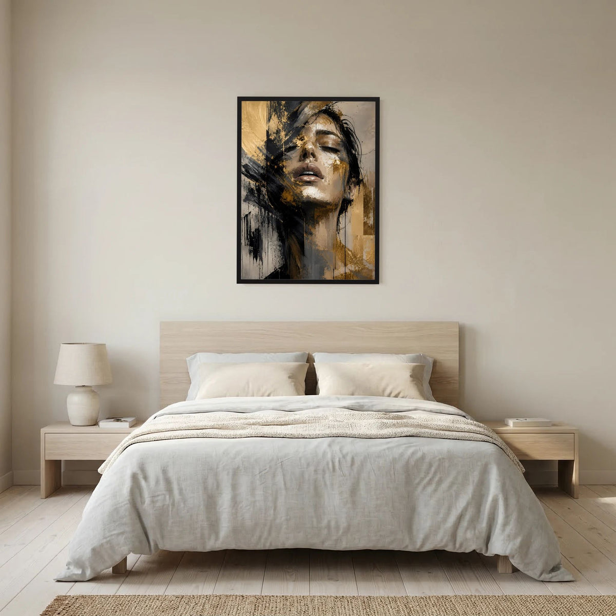 Gerahmtes Poster mit abstraktem Frauenporträt in Gold und Schwarz, Hochformat, schwarze Umrandung