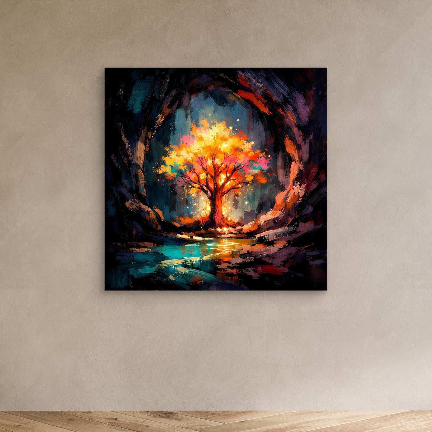 Abstract tree canvas wall art without frame, glowing autumn tree under arch and reflections