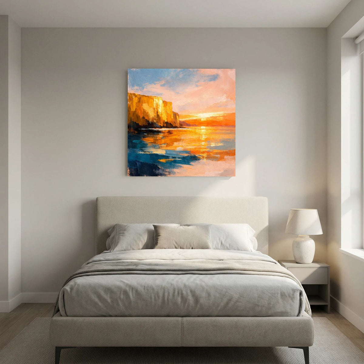 Leinwand-Wandbild mit Meerblick beim Sonnenuntergang, orangefarbenes Licht im Wasser