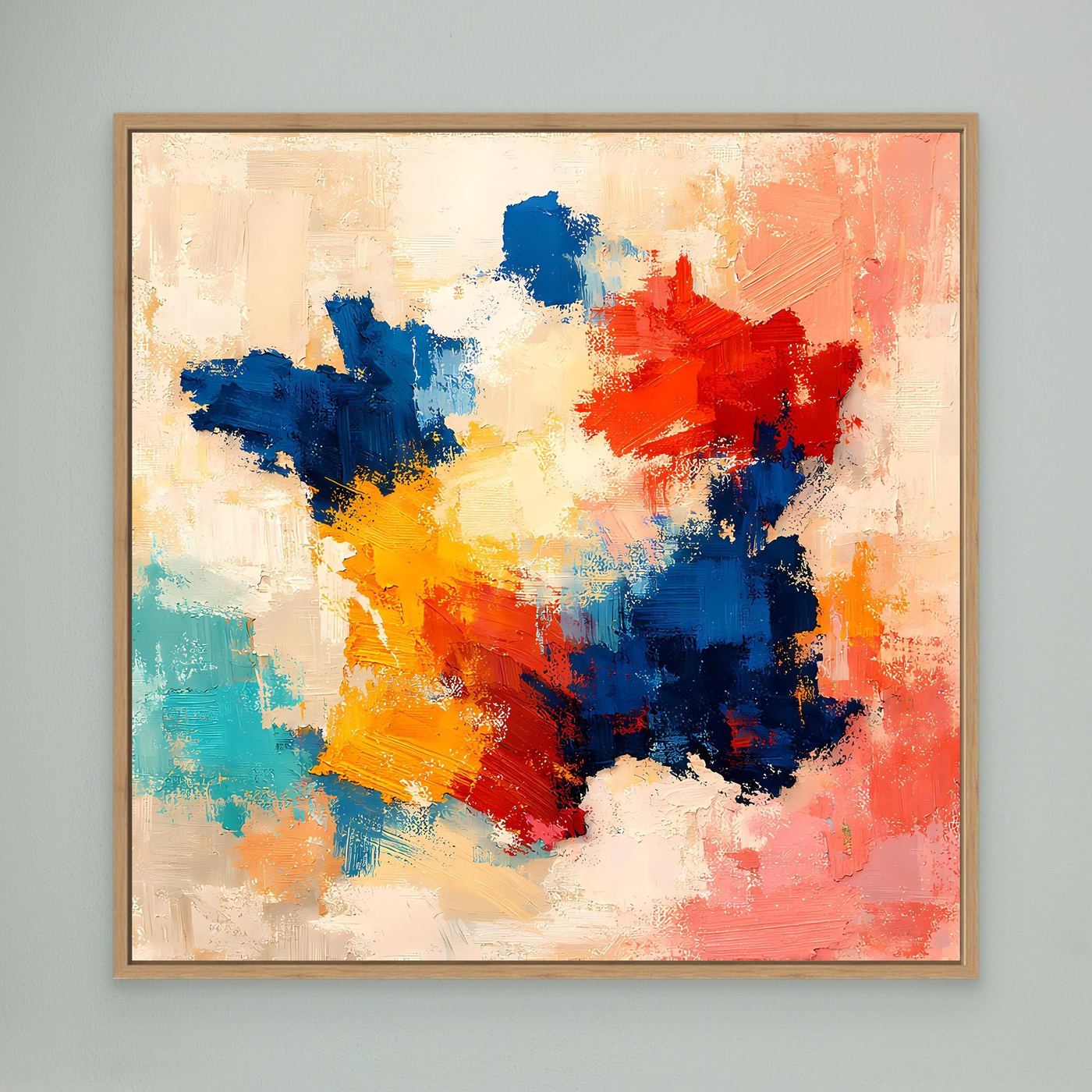 Abstract France map canvas wall art with blue, red, orange paint strokes, oak wood frame