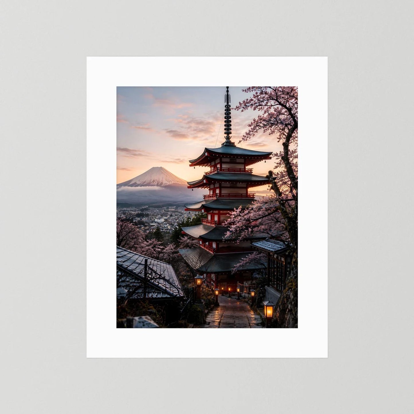 Japan-Pagode Poster im Hochformat mit Kirschblüten und Fuji bei Sonnenuntergang, ohne sichtbaren Rahmen