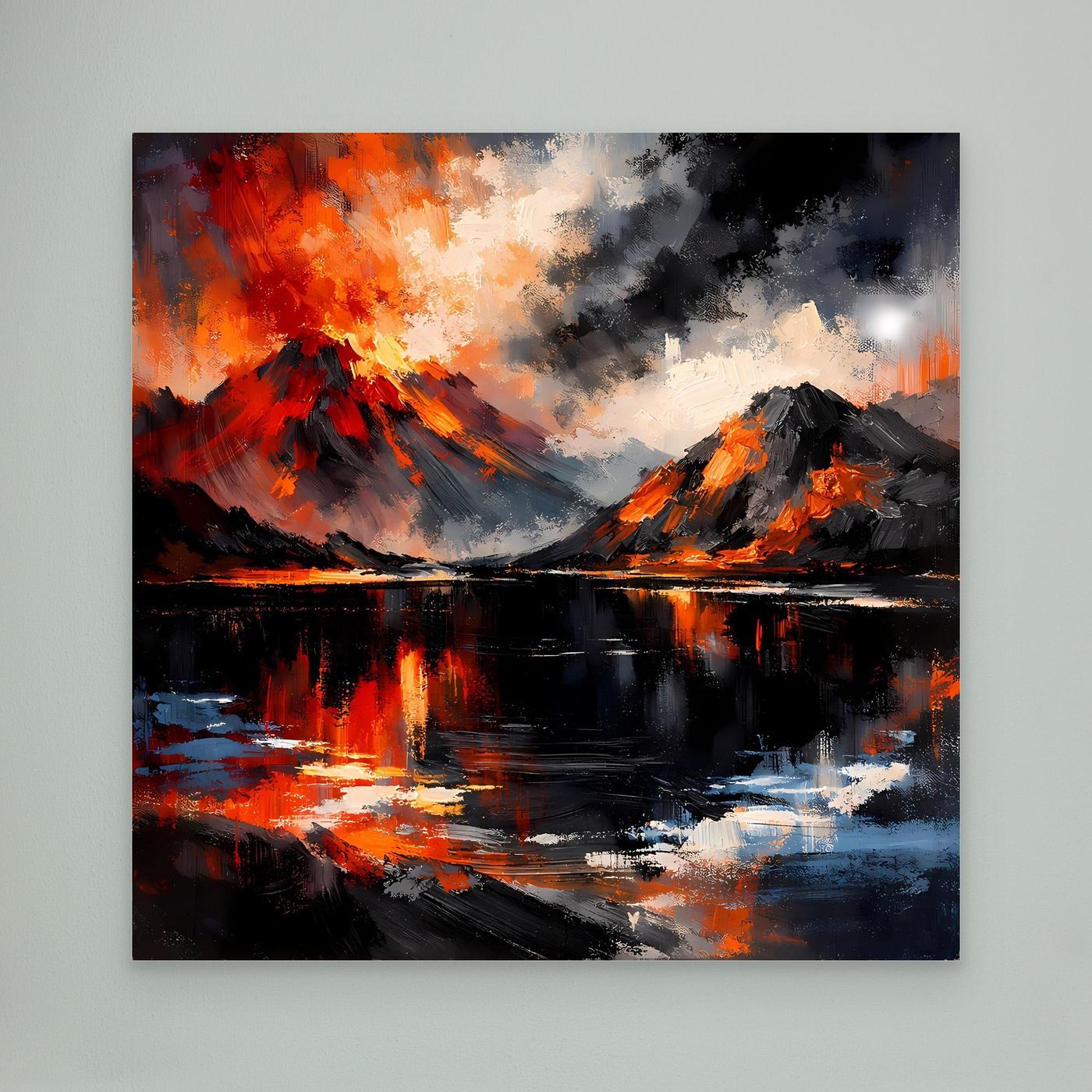 Unge­­rahmtes abstraktes Wandbild mit Vulkan, Bergen und reflektierender Wasserfläche