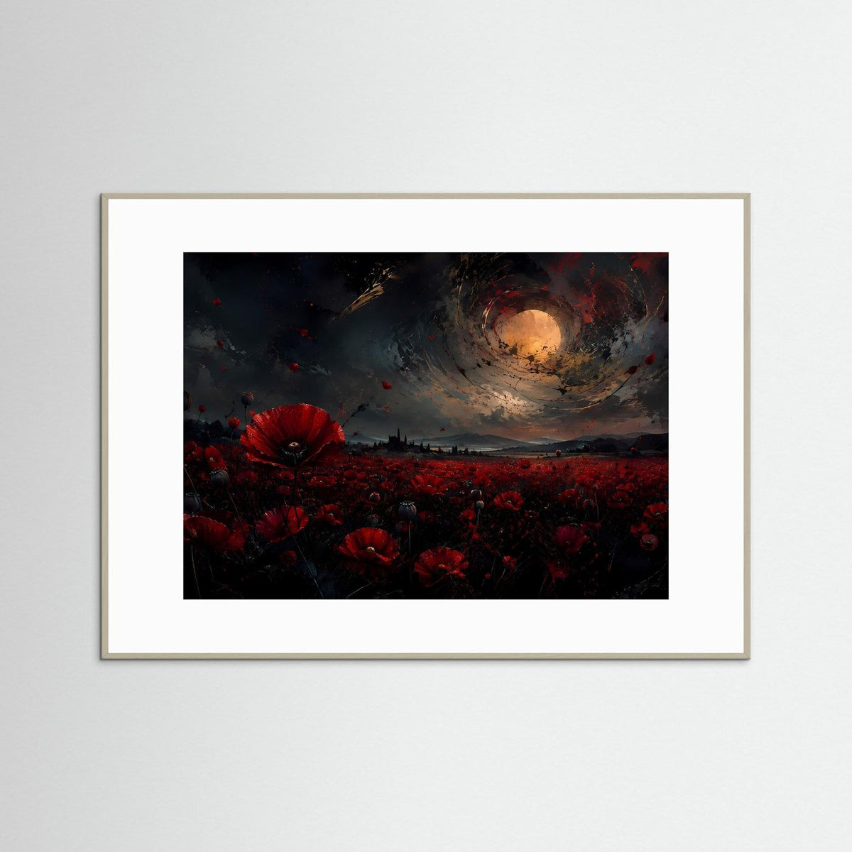 Gerahmtes Poster: Mohnblumenfeld bei Nacht mit Mond, weißer Rahmen