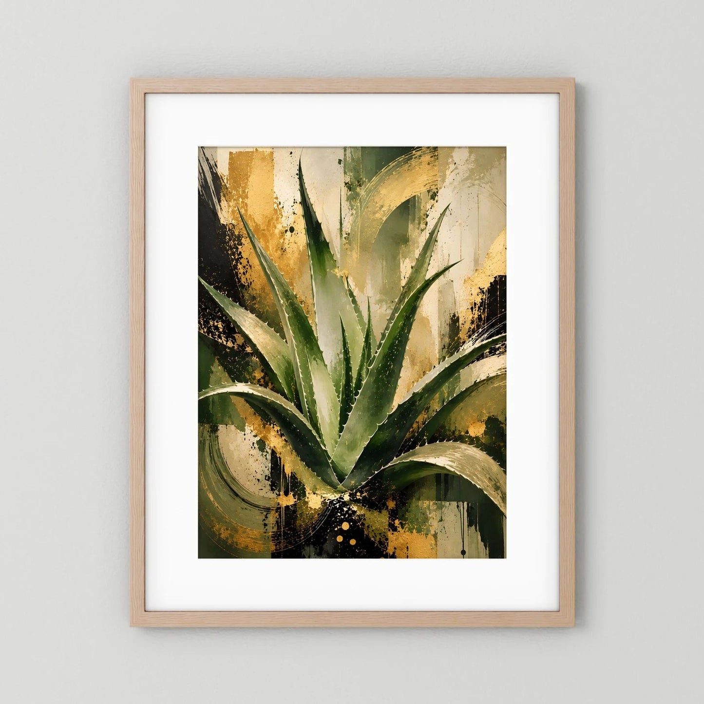 Abstraktes Aloe-Vera-Wandposter, grün-goldene Pflanze im beigen Holzrahmen