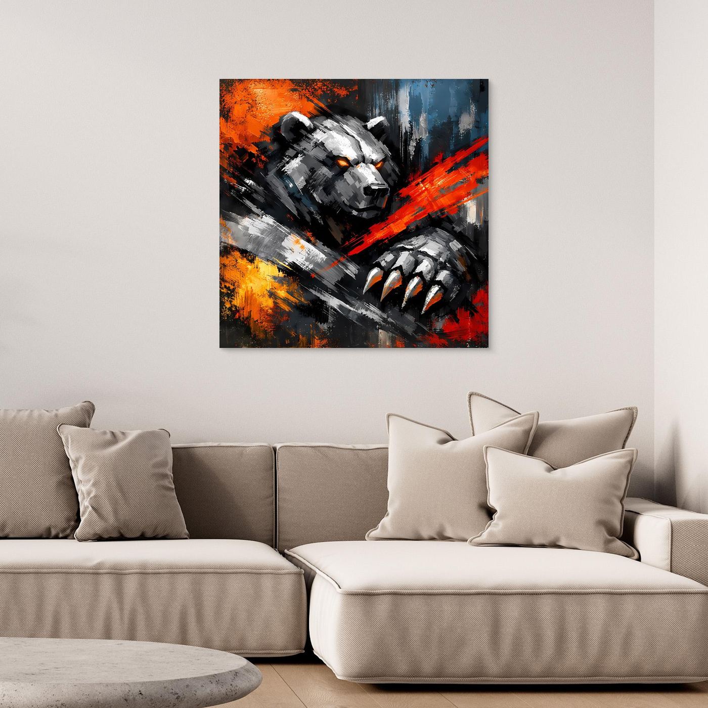 Leinwand-Wandbild mit Kampfbär-Krallen, abstrakt, schwarzer Rahmen, rot-blau-orange Farbflächen