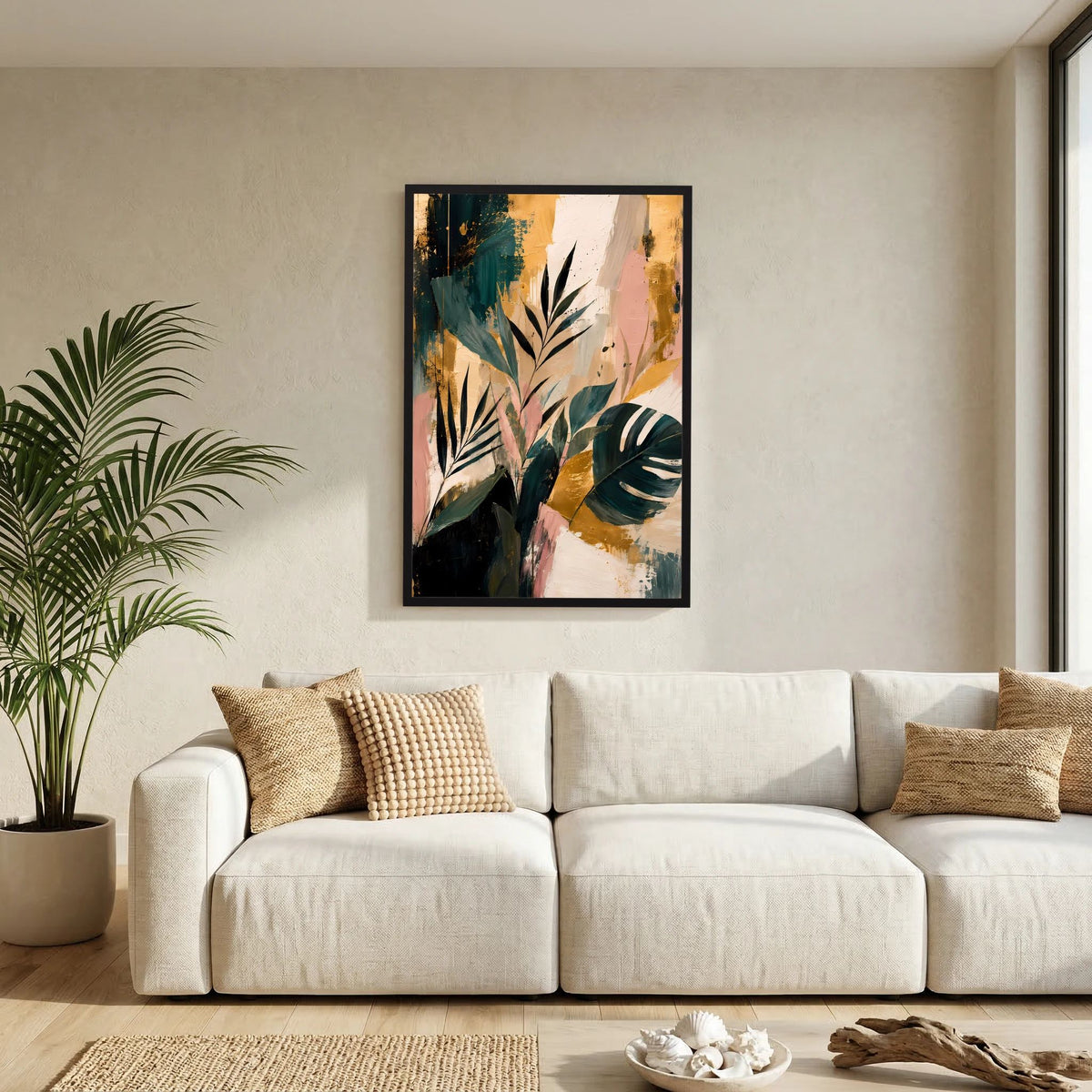 Abstrakte tropische Blätter | Botanische Kunst in Petrol, Rosa und Gold | Poster Hochformat