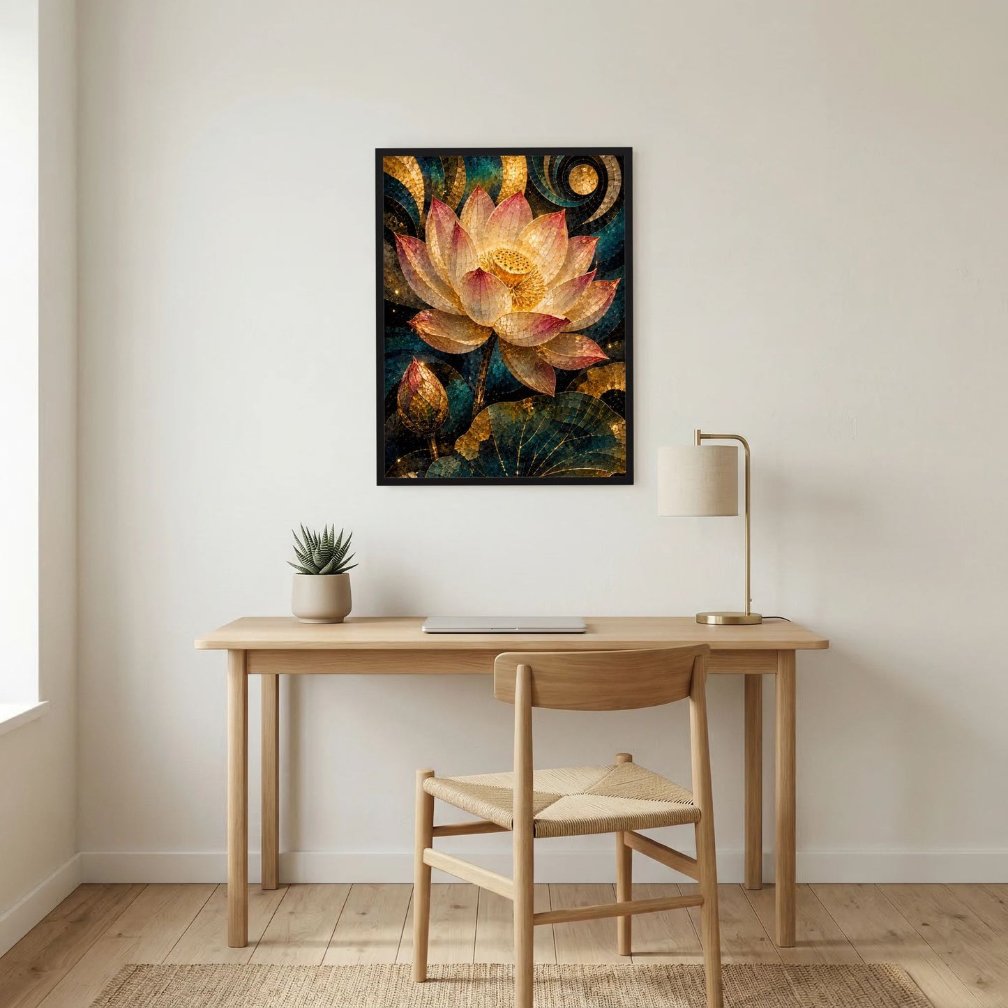 Gerahmtes Hochformat-Poster mit Lotusblüte im Mosaik-Look, Goldtöne, Petrol und Rosa