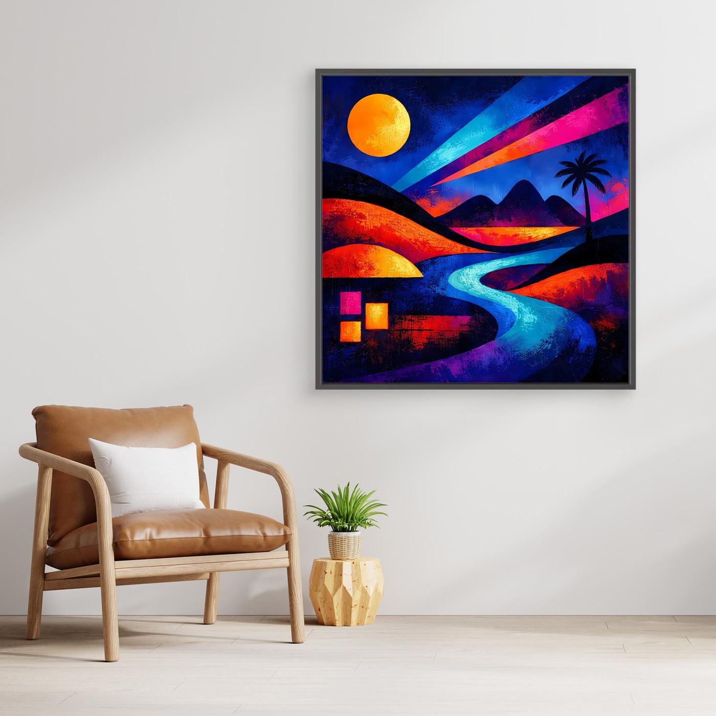 Gerahmtes Leinwandbild mit Holzrahmen: bunte Palmenlandschaft, orangefarbener Mond und Dünenformen