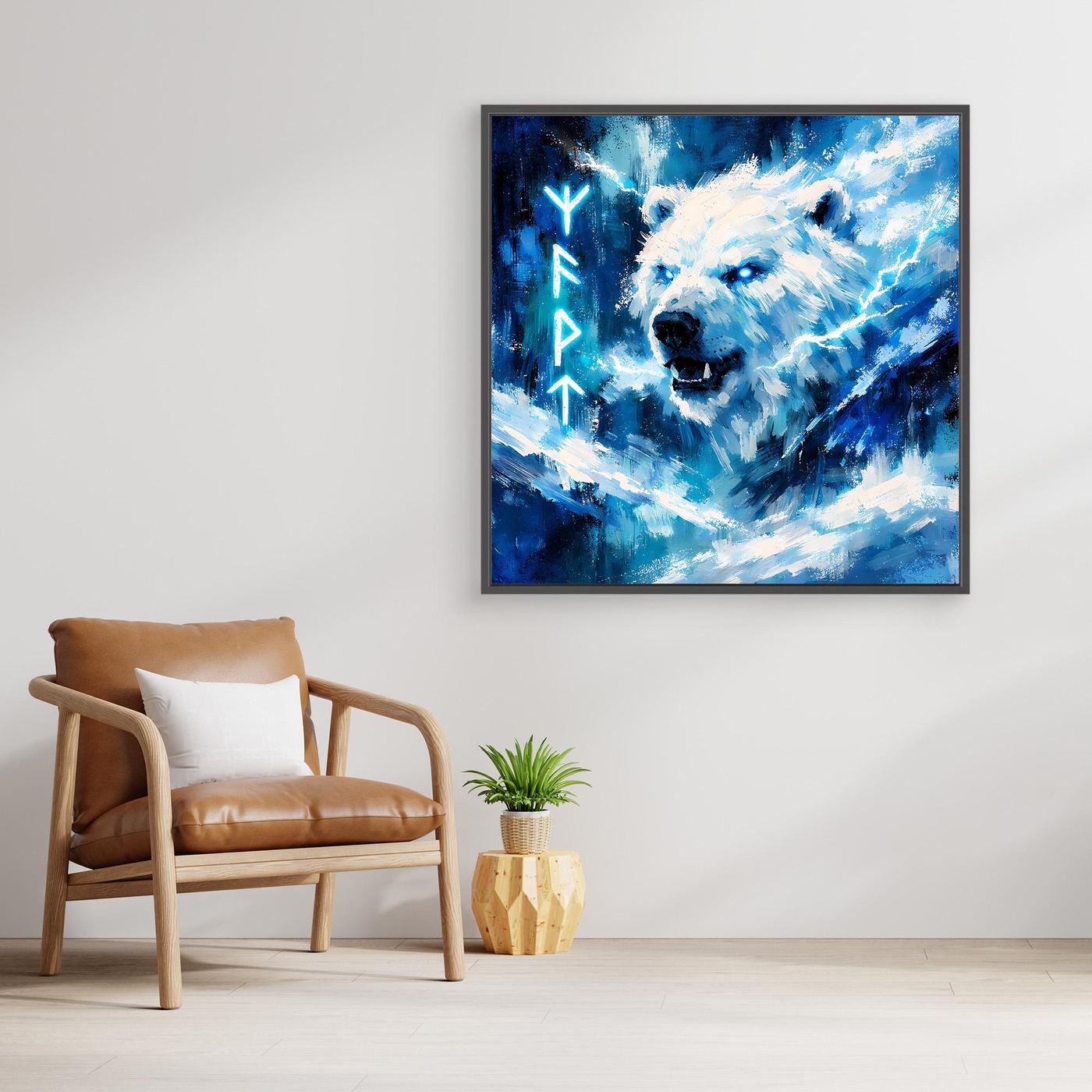 Leinwand-Wandbild im dunklen Rahmen: Eisbär mit Runen, blaues Nordlicht