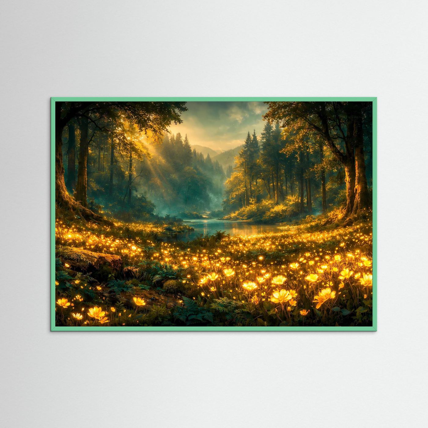 Wald-Wandbild-Poster mit goldenen Blüten im Morgenlicht, grüner Rahmen