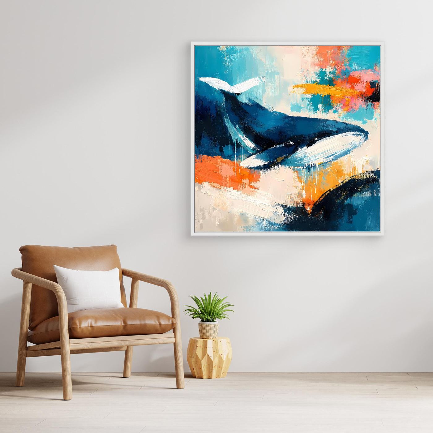 Abstraktes Wal-Wandbild auf Leinwand mit hellem Rahmen, blau-türkise Farbflächen mit Orange