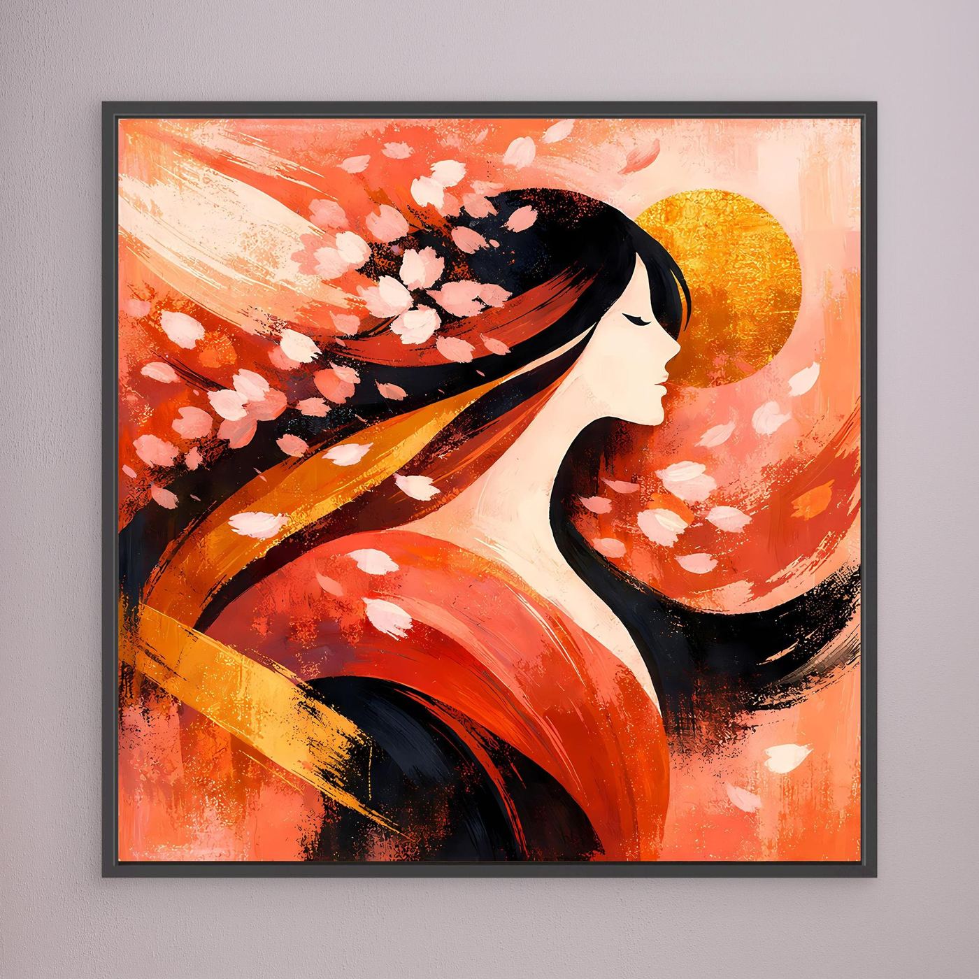 Gerahmtes Leinwandbild: Geisha im Profil mit Kirschblüten und goldenem Mond, schwarz