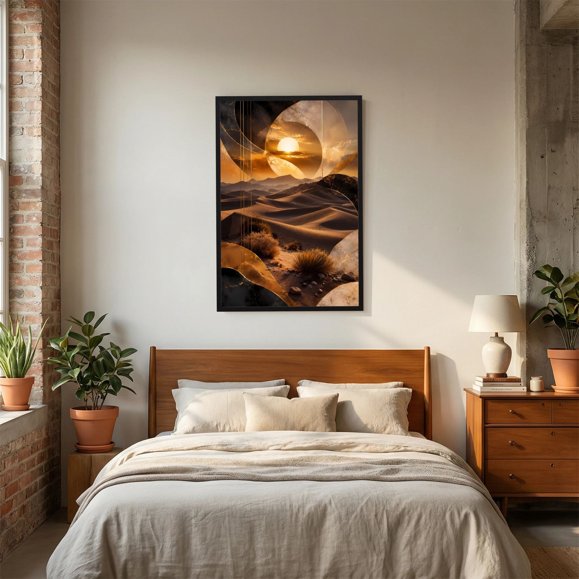 Hochformat-Poster mit goldbrauner Wüstenlandschaft, Sonnenball-Motiv, schwarzer Rahmen über Bett