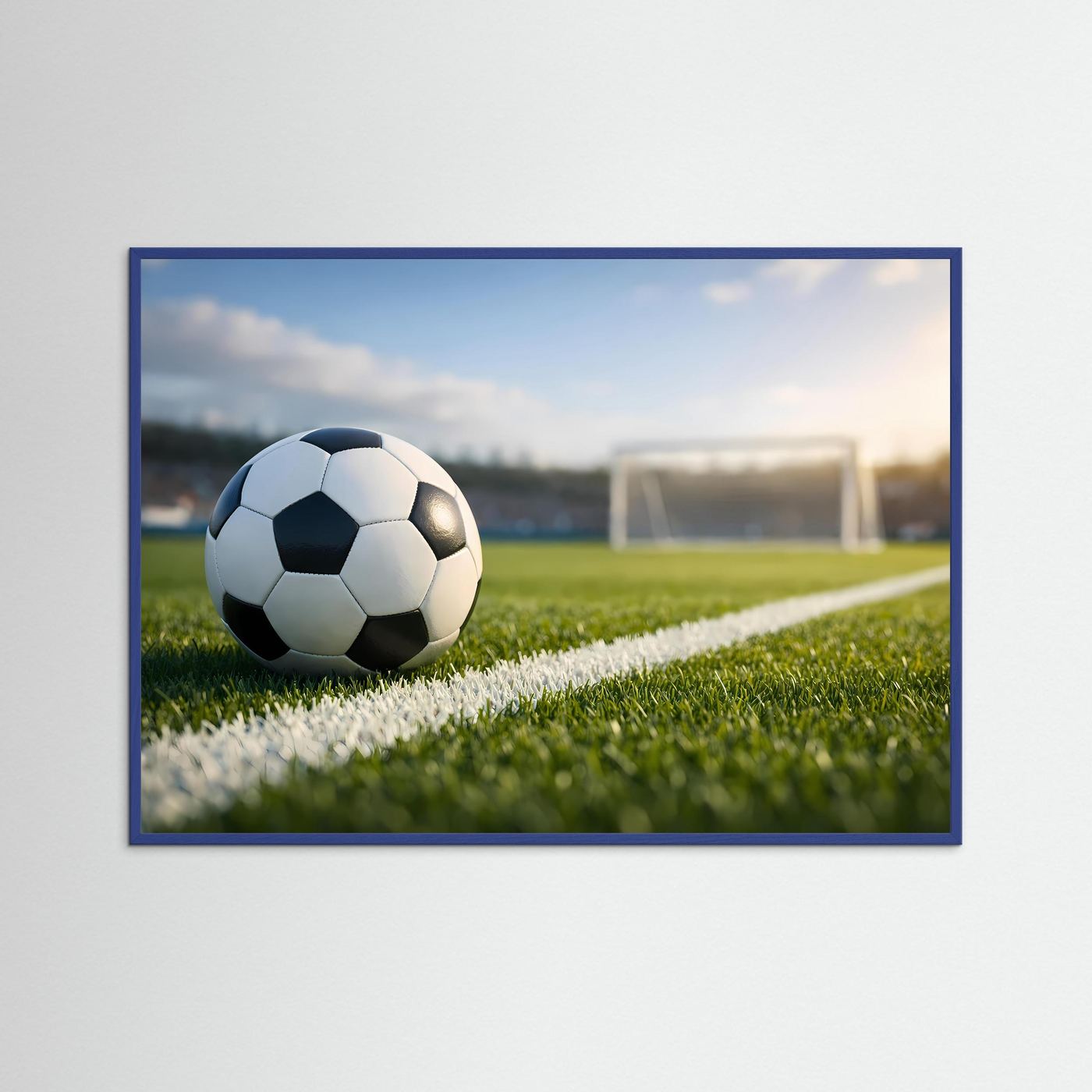 Sport-Poster im Querformat mit Fußball auf grünem Rasen nahe dem Tor, mit dunkelblauem Rahmen