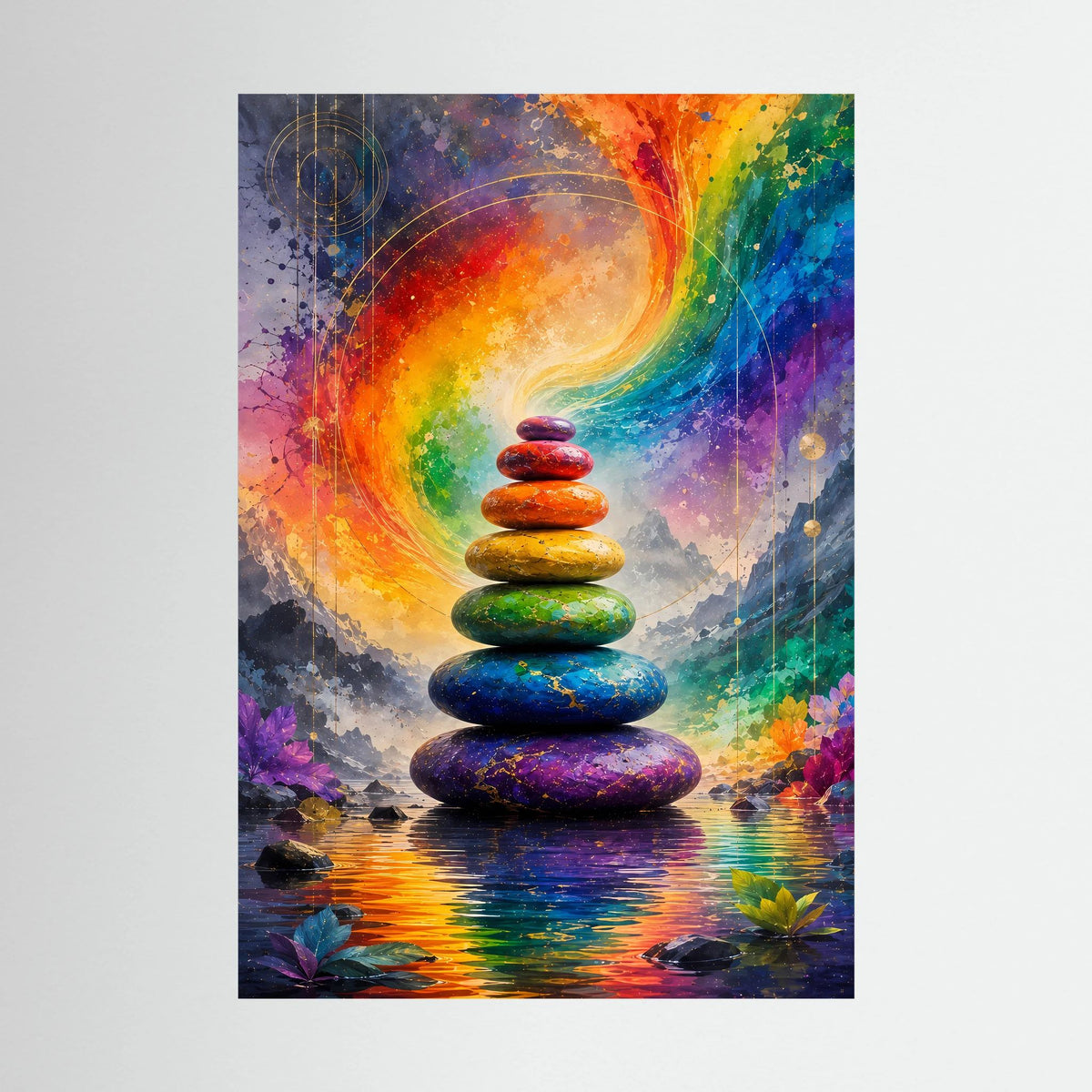 Hochformat-Poster mit Stapel bunter Zen-Steine und leuchtendem Regenbogen-Licht
