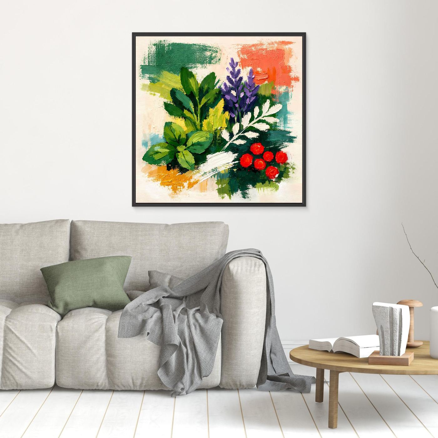 Abstract herb botanical canvas wall art with green, purple, and red flowers, black frame