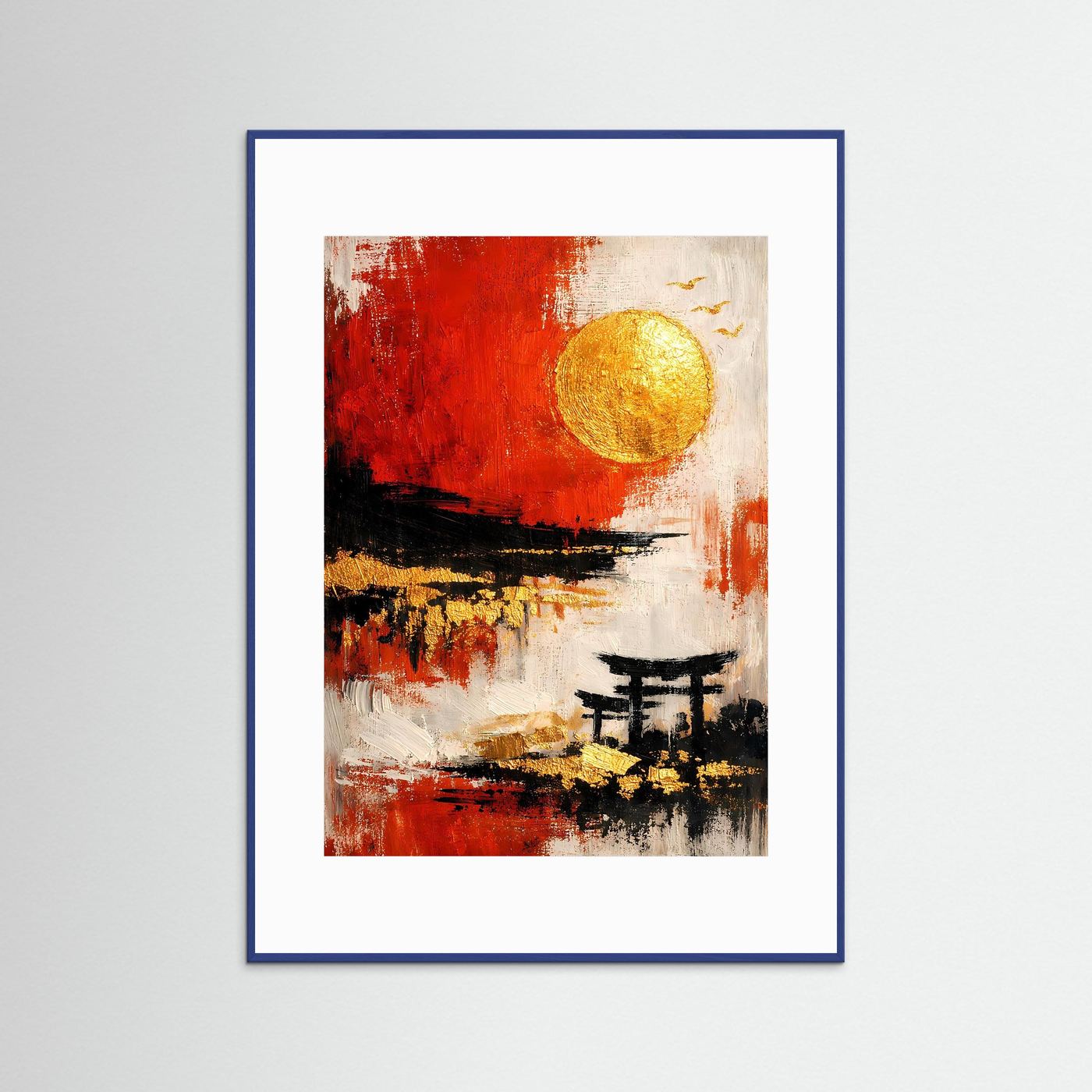 Gerahmtes Kunstposter mit Torii-Silhouette, tiefroter Farbfläche und goldener Kreis, blau gerahmt