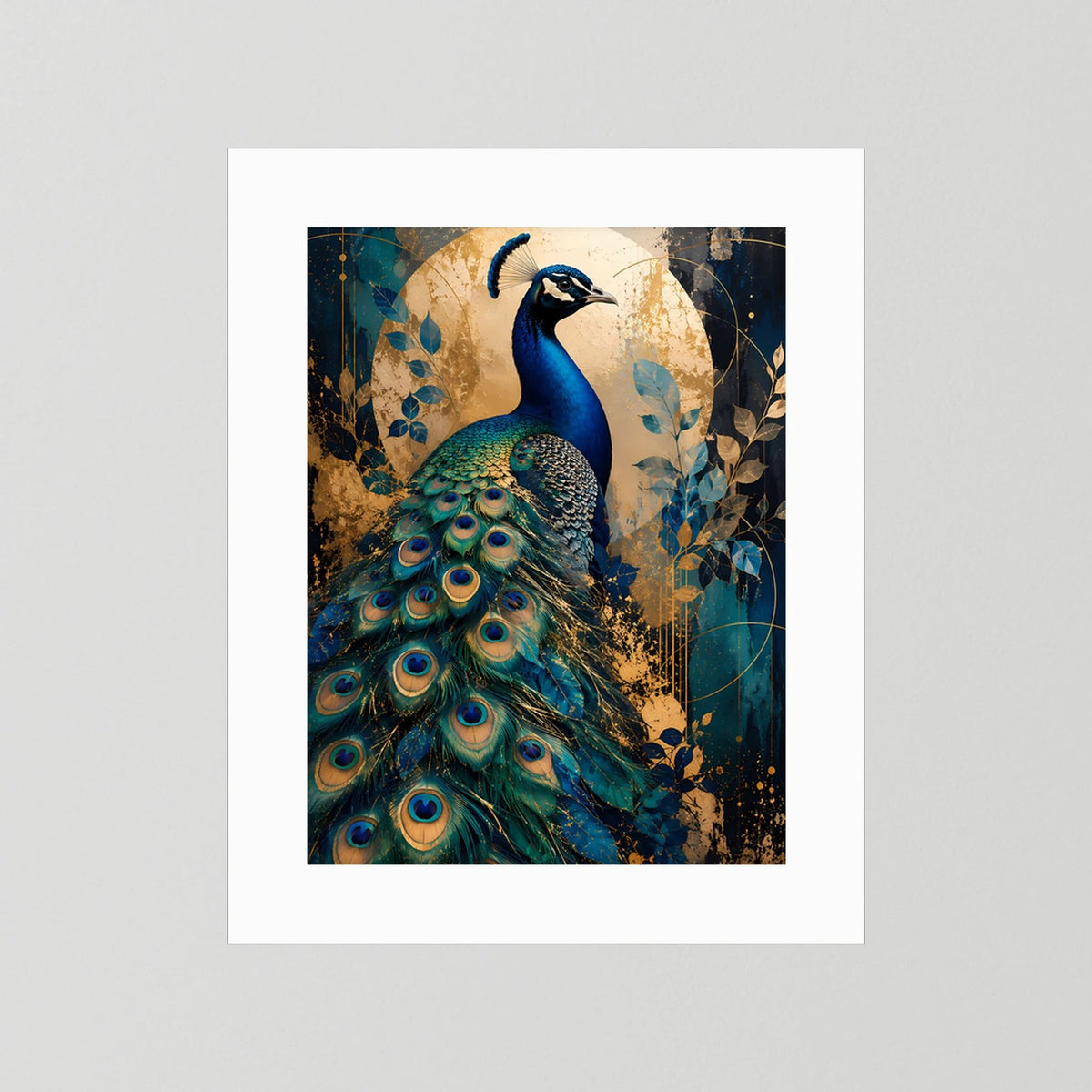 Pfau-Poster mit weißem Passepartout, blau-goldene Tierkunst mit Pfauenfächer