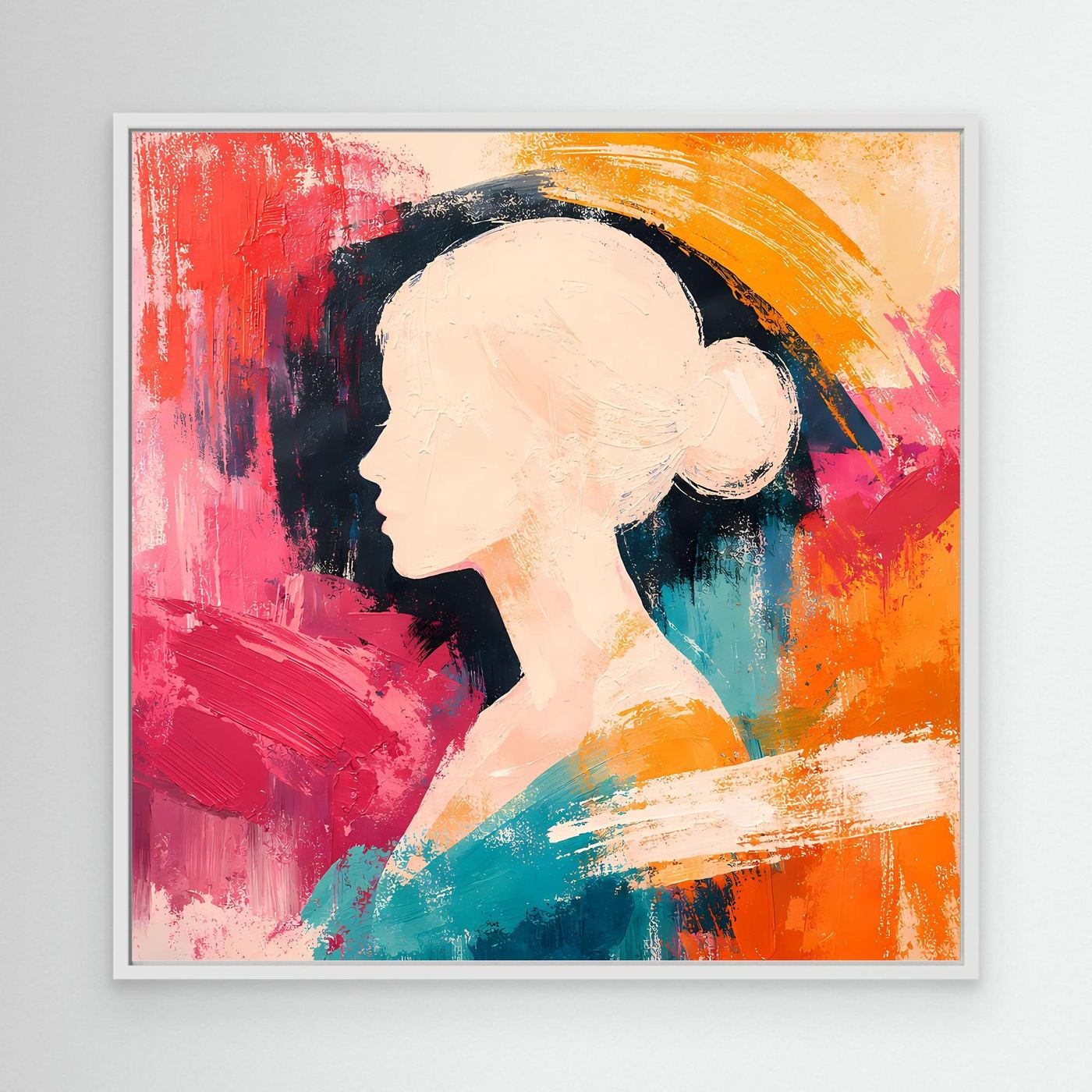 Abstract women portrait canvas with colorful silhouette and hat-shaped hair, white frame